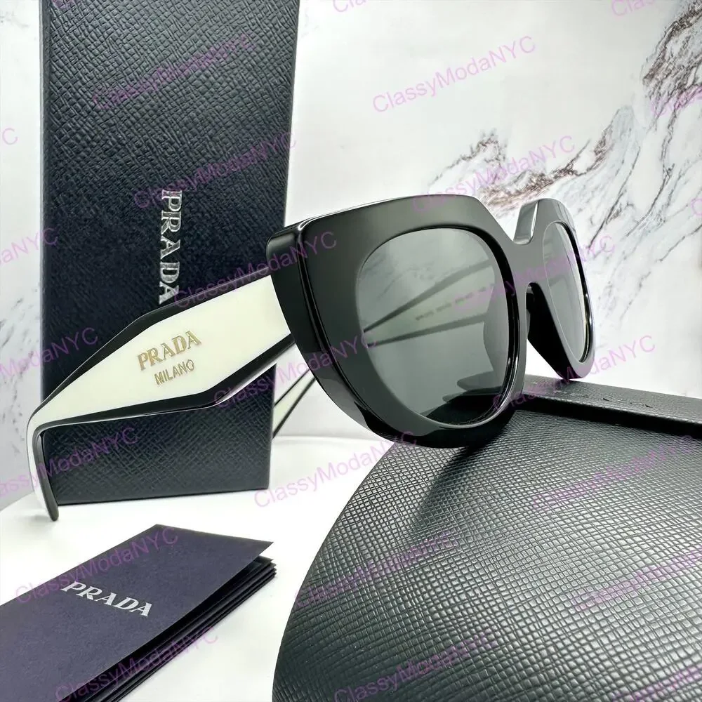 New PRADA Sunglasses Black White Talc Gold Symbole Oval Cat Eye Womens